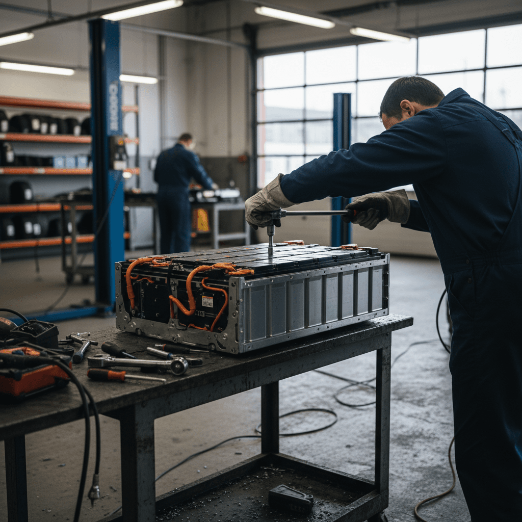 Electric vehicle on a lift in a modern repair shop with a mechanic inspecting the underbody