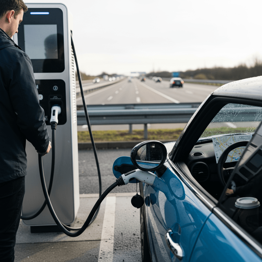 Mini Cooper SE plugged into a DC fast charging station during a highway road trip