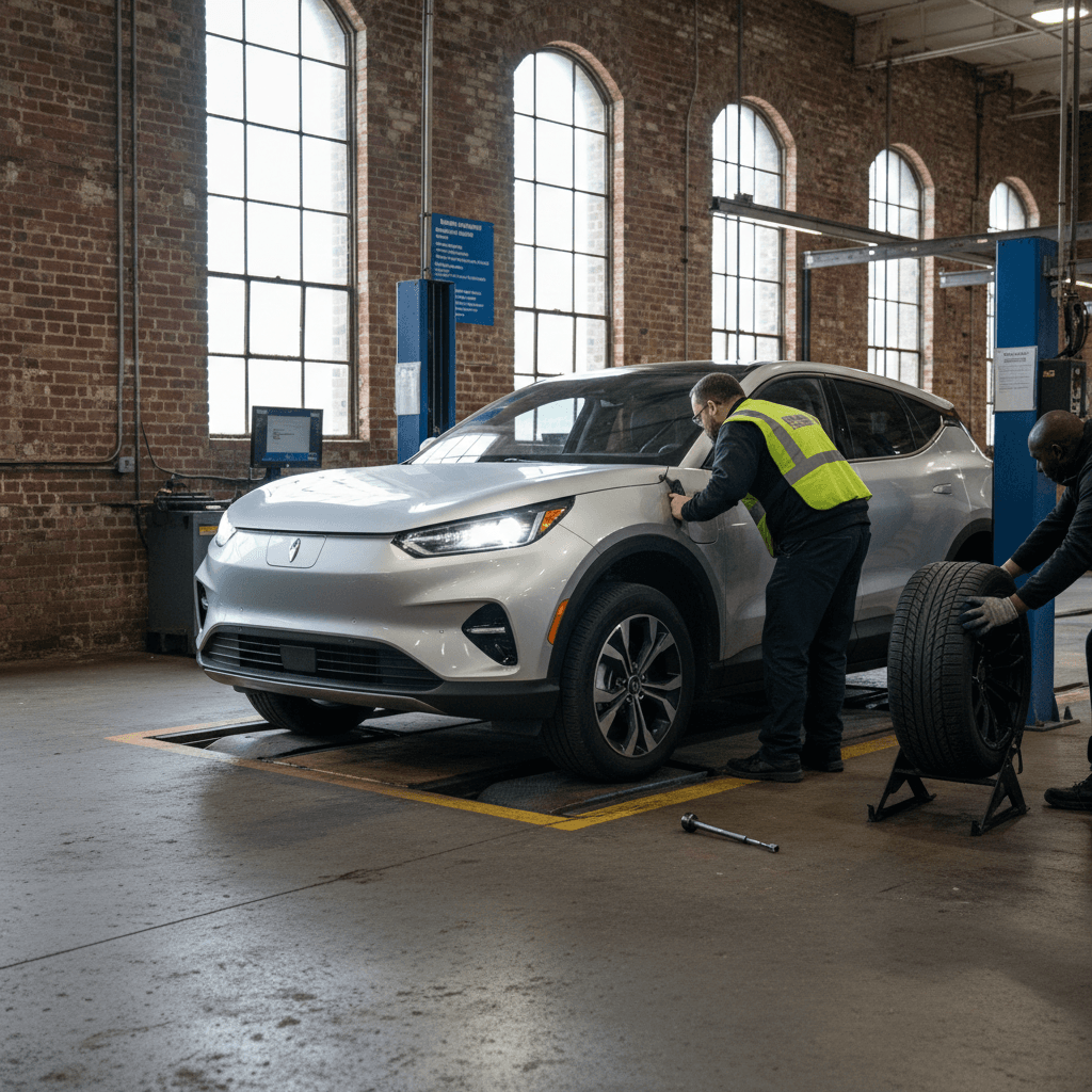 Technician performing a safety inspection on a modern electric vehicle in a Delaware DMV lane