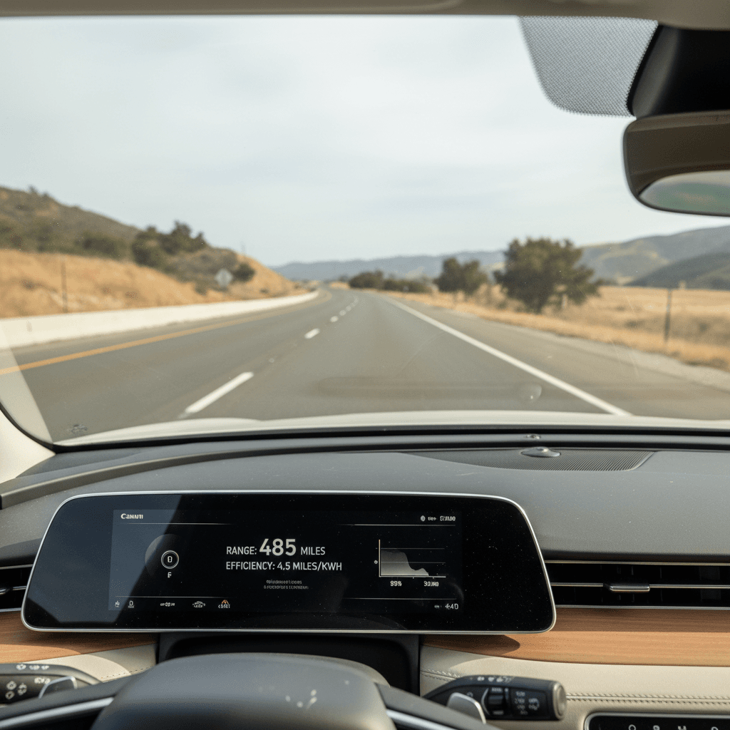 View from inside a Lucid Air cruising on an empty highway with the digital cluster showing range and efficiency metrics.
