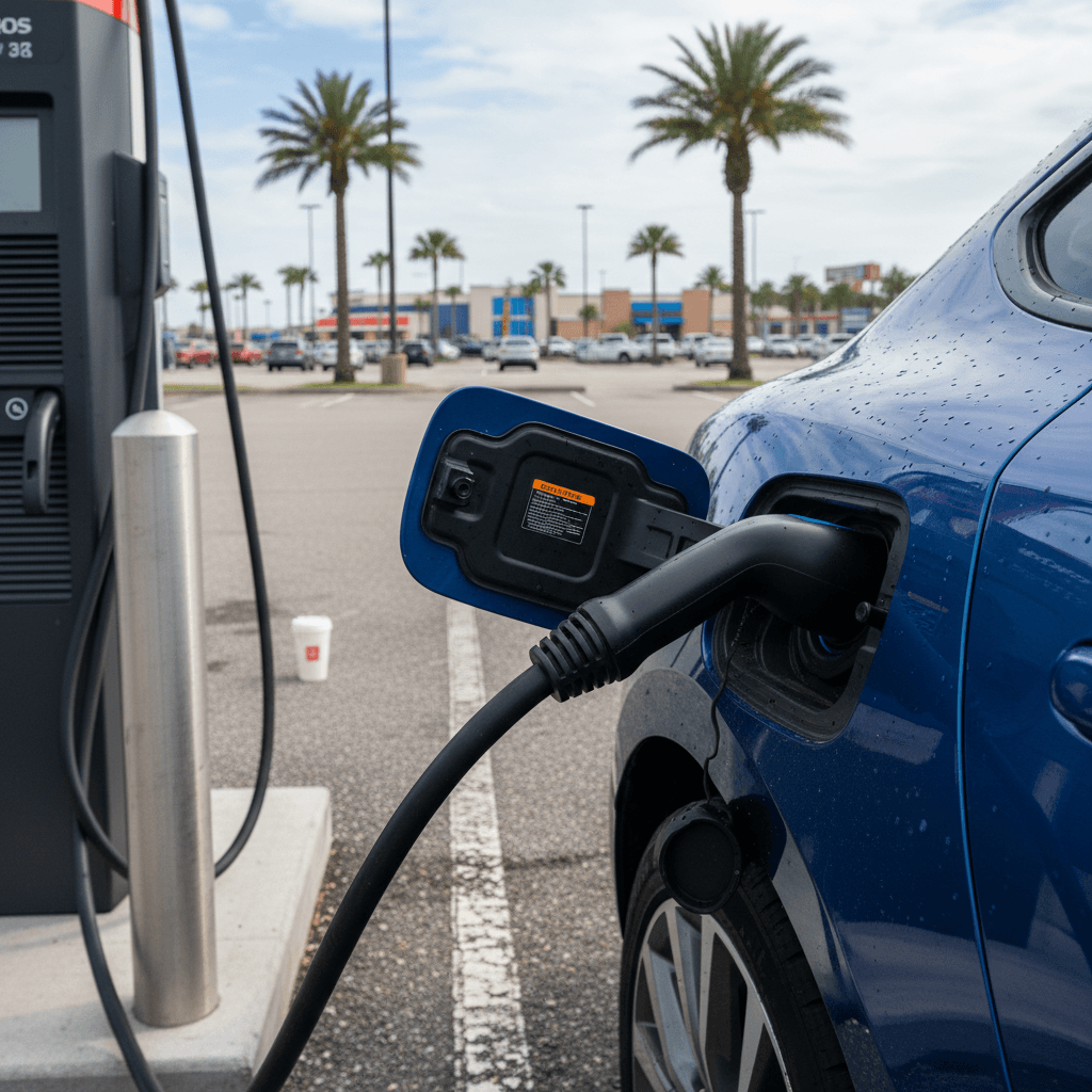 Driver plugging an electric vehicle into a DC fast charger at a Jacksonville highway travel plaza