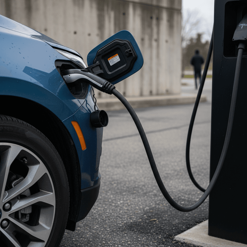 Chevy Equinox EV plugged into a home Level 2 charger in a residential driveway