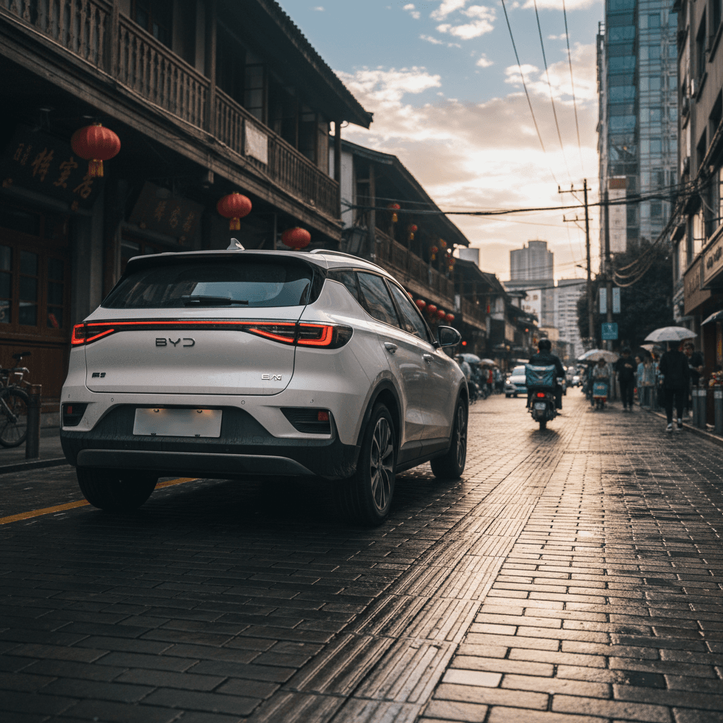 BYD electric car driving in a modern city, representing leading Chinese BEV brands