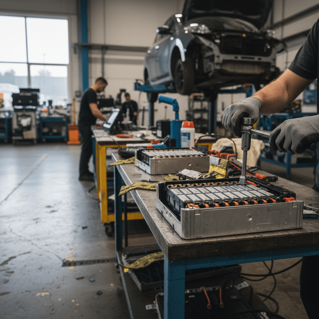 Technician working with EV battery modules laid out on a bench