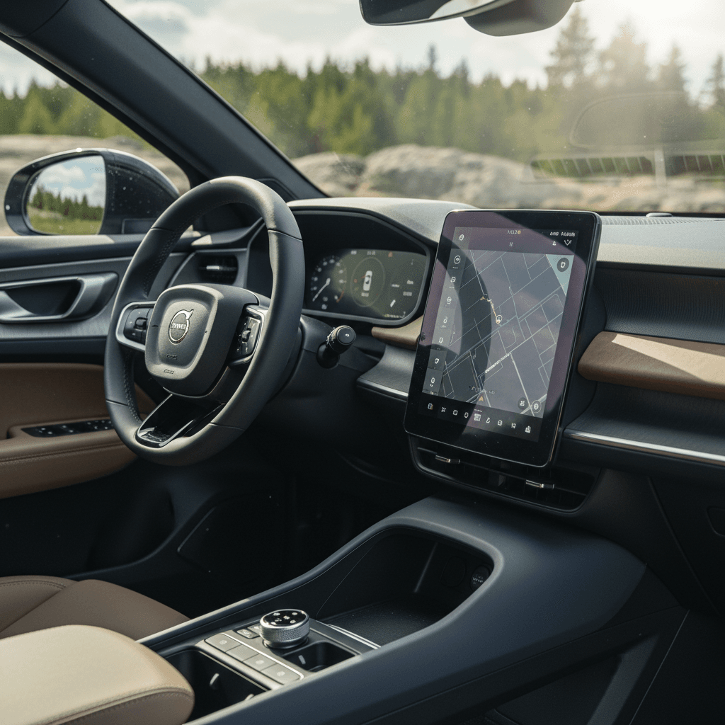 2025 Polestar 3 interior with minimalist dashboard, Google-based touchscreen, and light upholstery