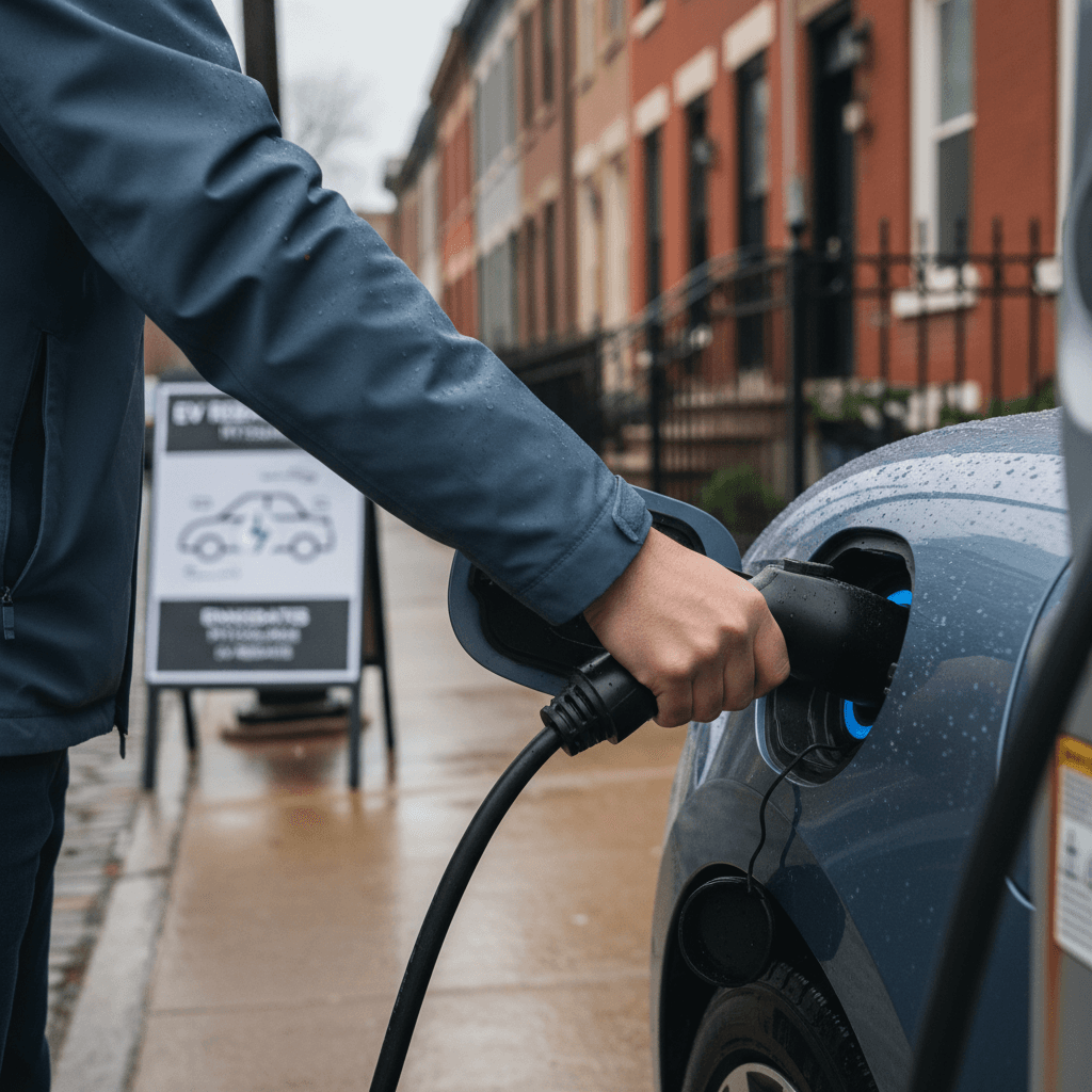 Driver plugging an electric vehicle into a public charging station on a Pittsburgh street