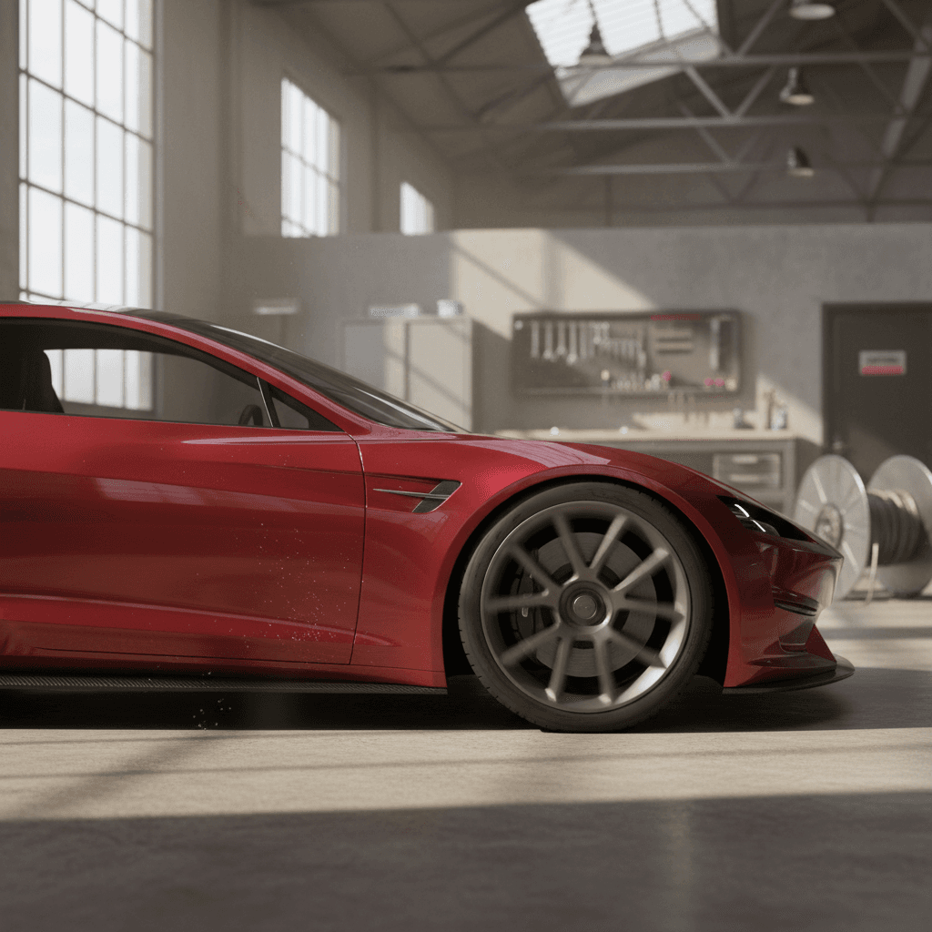 Concept-style electric sports car similar to a Tesla Roadster shown in studio lighting