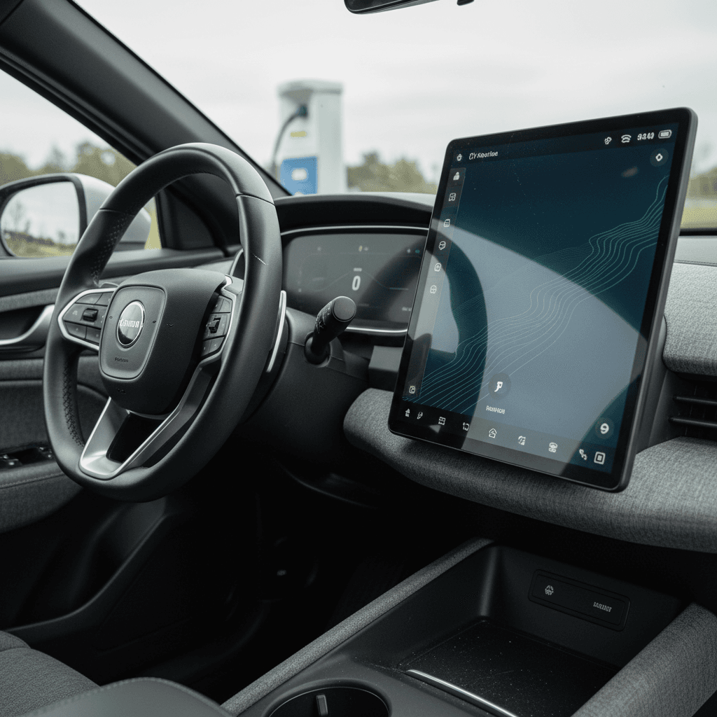 Fisker Ocean interior focusing on the large central touchscreen and minimalist dashboard design
