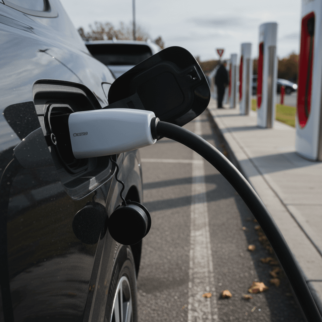 Row of EV chargers in a busy shopping mall parking lot with cars plugged in