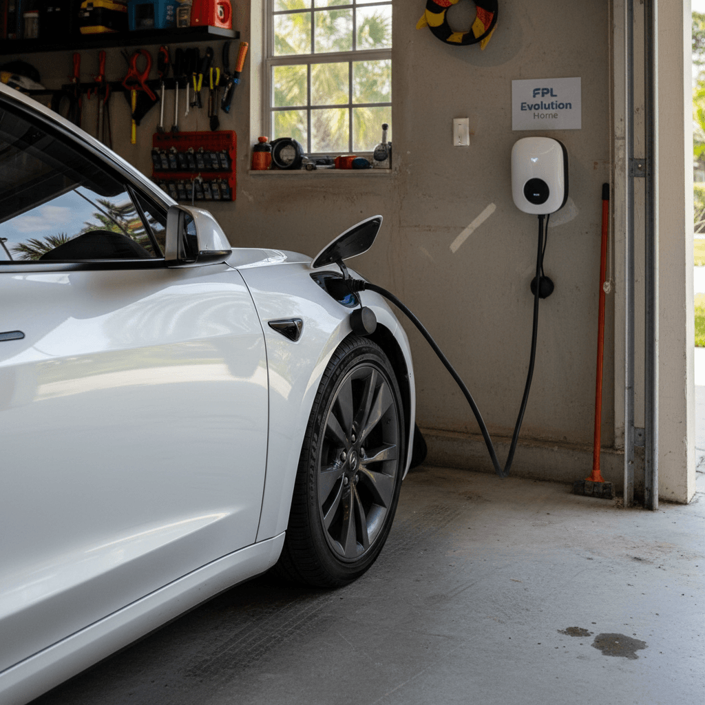 Home Level 2 EV charger mounted on a garage wall in Fort Lauderdale, plugged into a white electric car