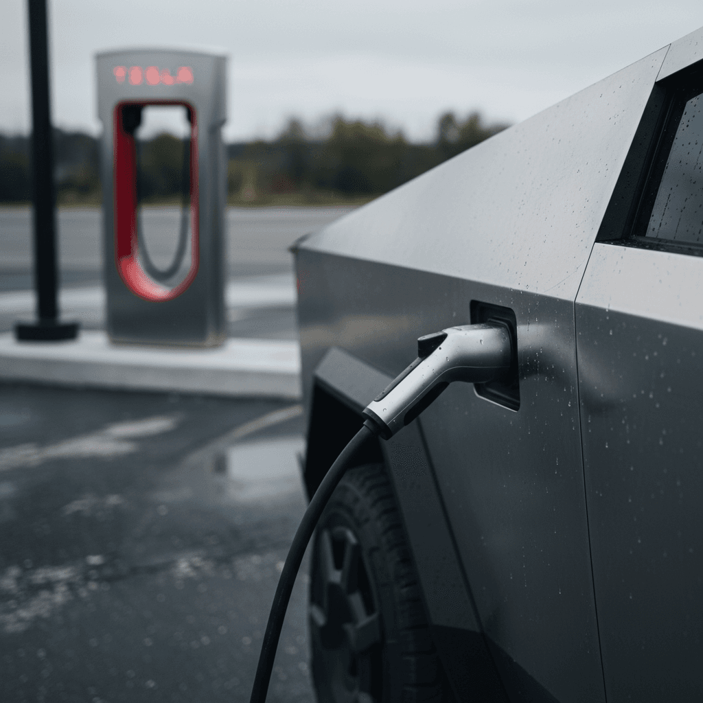 Tesla Cybertruck charging at a Supercharger station, showing angular stainless body and charging connector