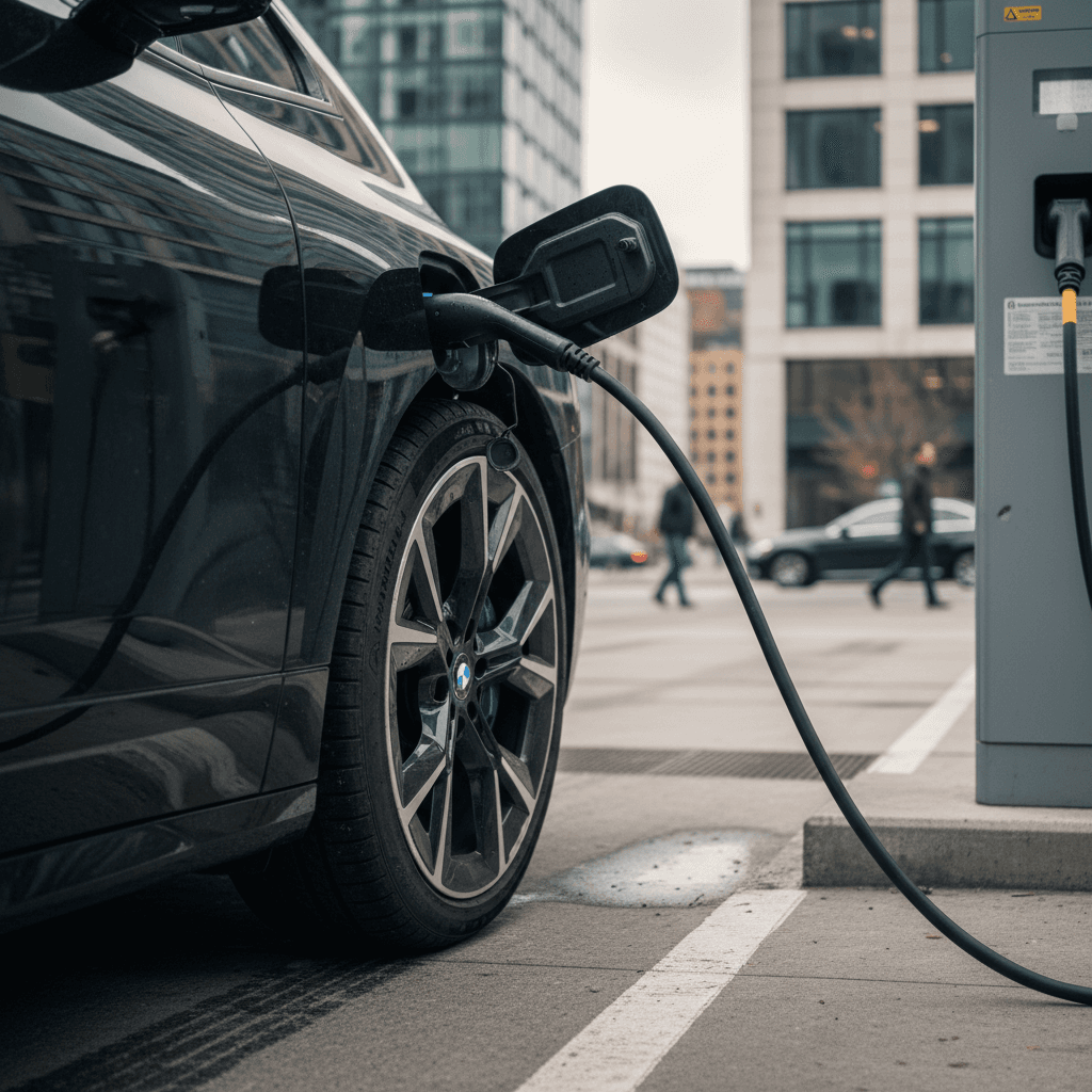 A 2022 BMW iX plugged into a DC fast charger, showing its charge port and wheel design