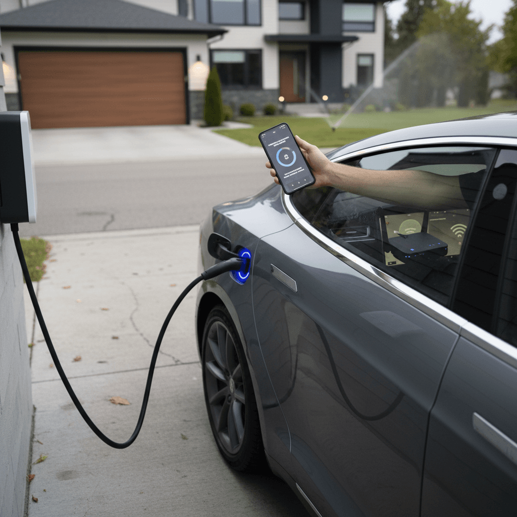 Tesla parked in a driveway connected to home Wi‑Fi while the driver checks the Tesla app for a pending software update