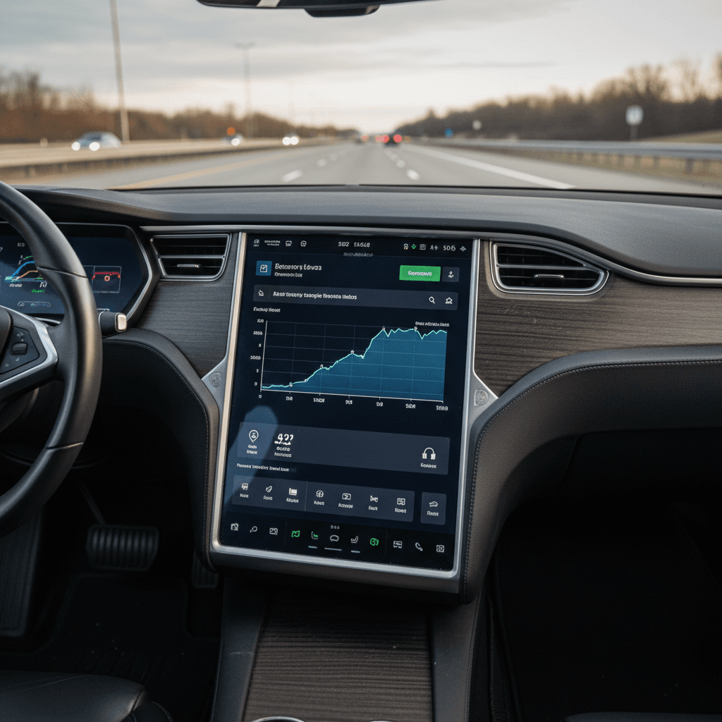Tesla Model S dashboard energy display showing consumption and remaining range during a highway test drive
