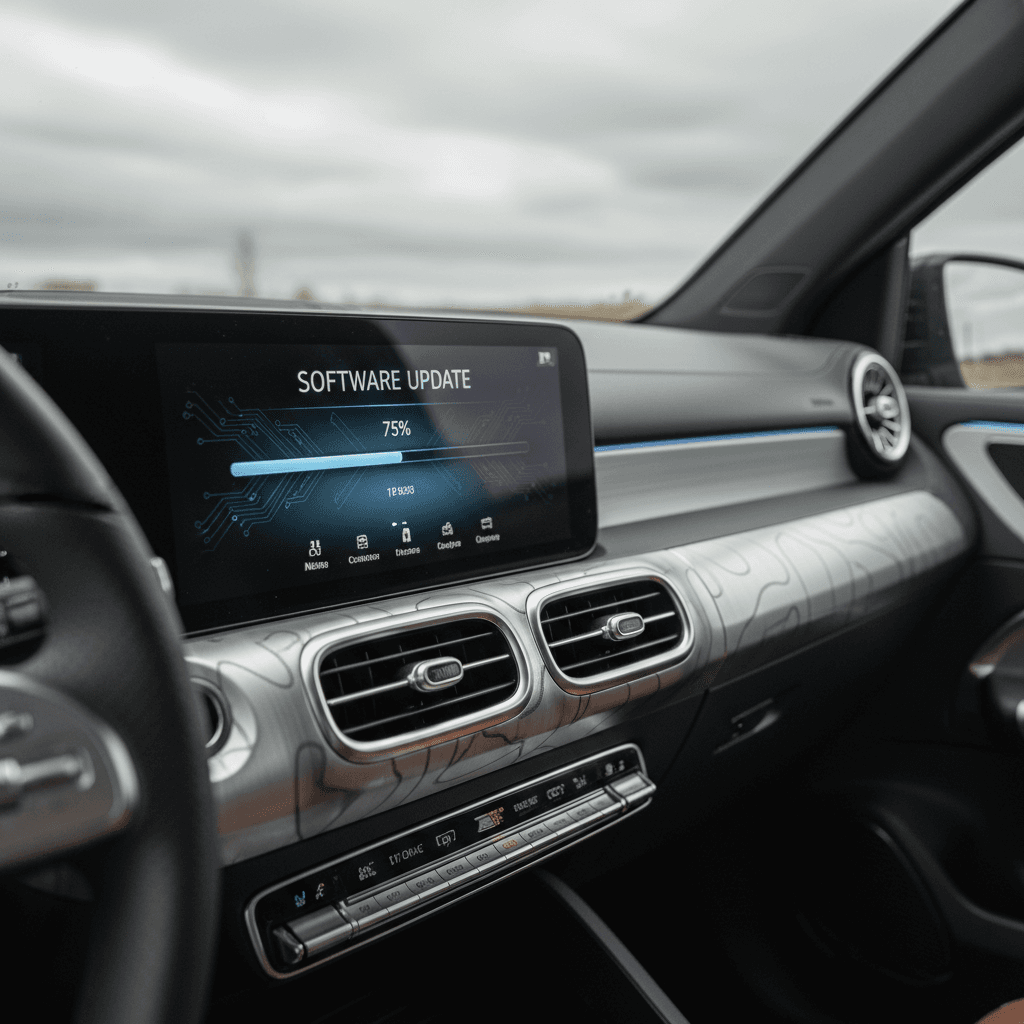 Mercedes EQB interior showing MBUX touchscreen with software update notification on the display