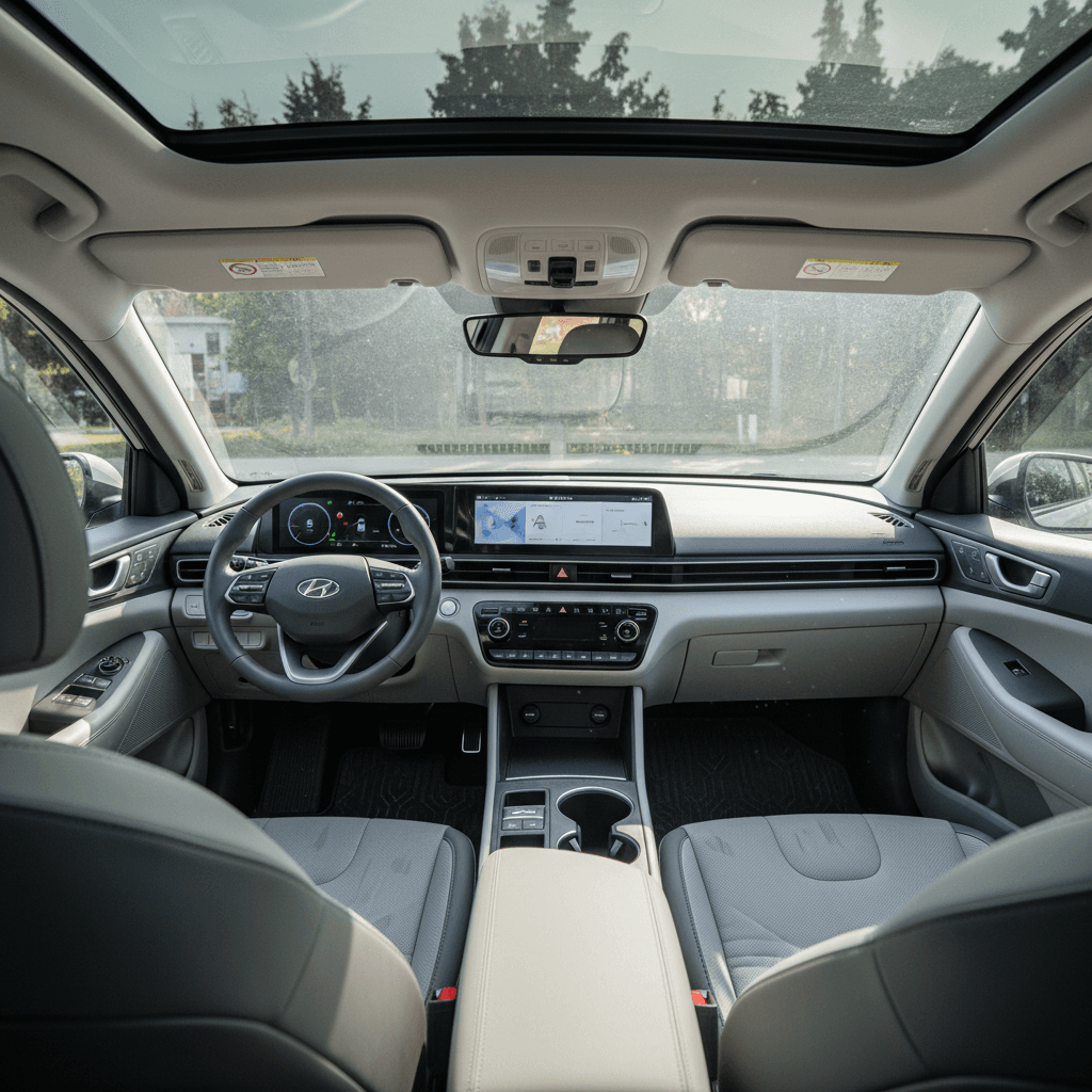 Hyundai IONIQ 5 interior showing large dual screens and light, spacious cabin in upper trims