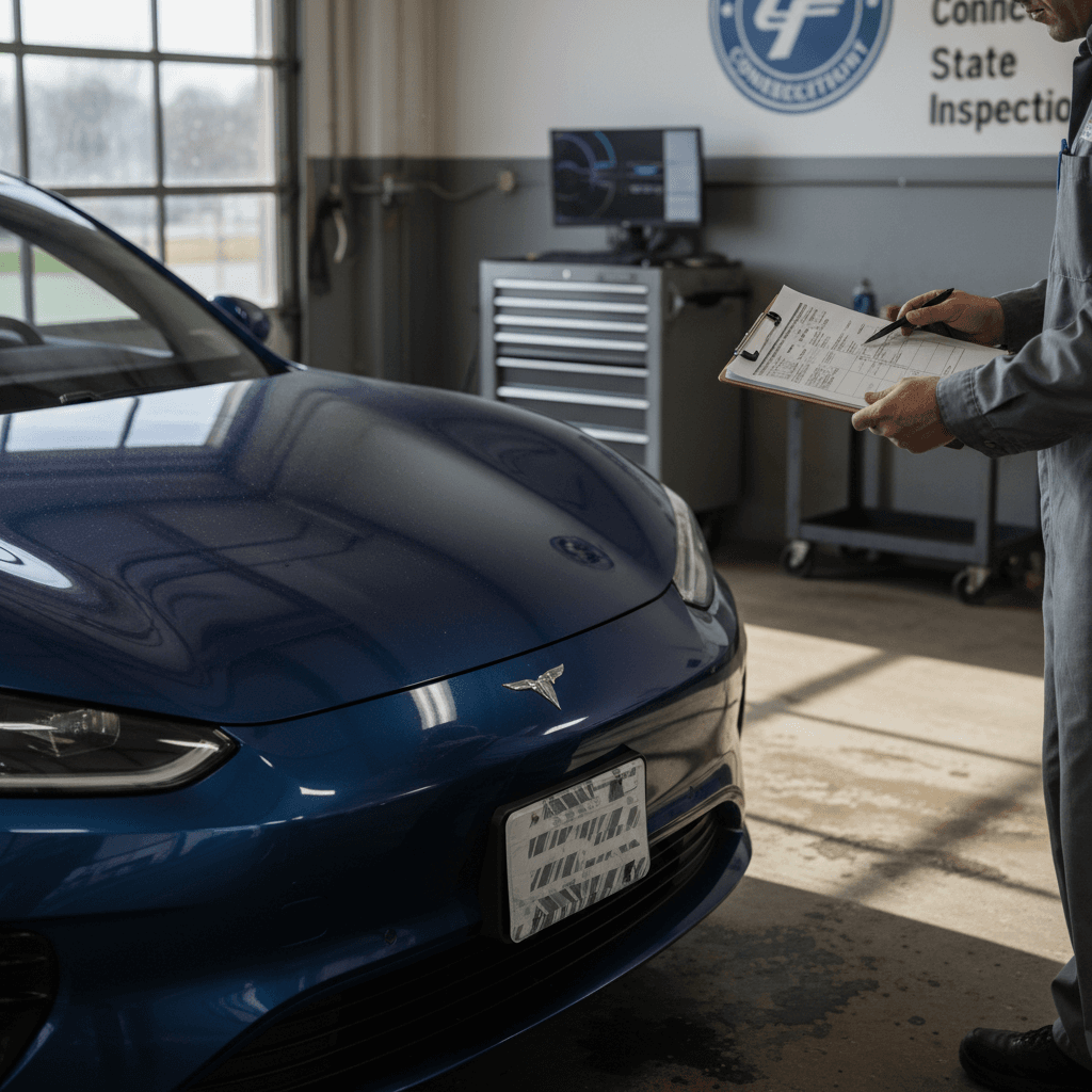 Technician reviewing inspection paperwork with an electric car at a Connecticut DMV-style inspection bay