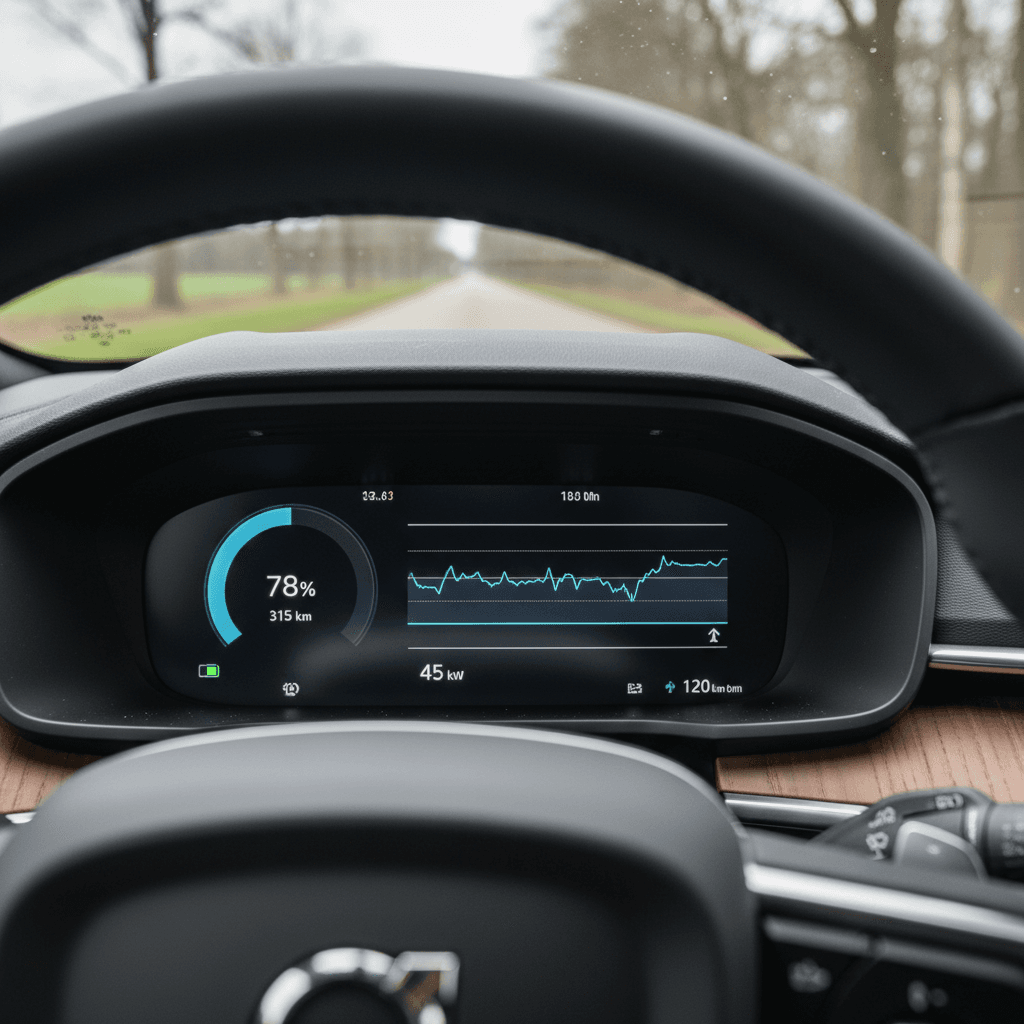Volvo EX90 driver display showing remaining range and battery state of charge during a winter drive
