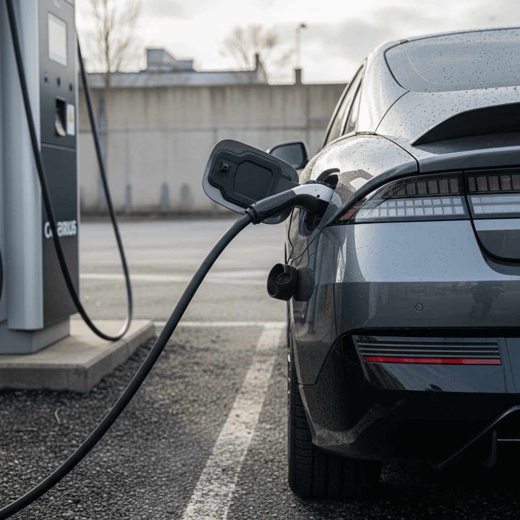 Hyundai IONIQ 6 plugged into a home wallbox charger, rear quarter view