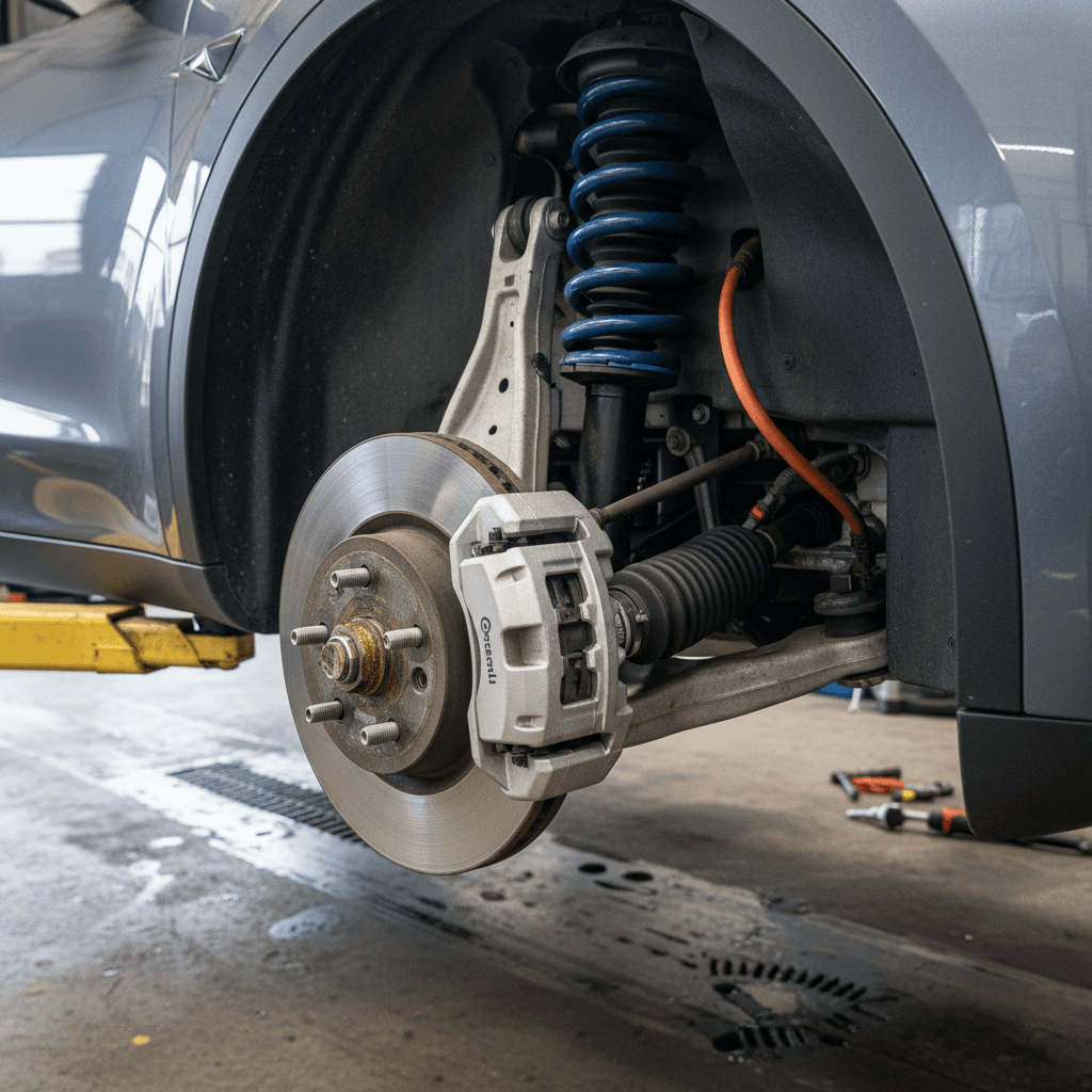 Technician inspecting panel gaps and door seals on a Tesla Model Y in a service bay