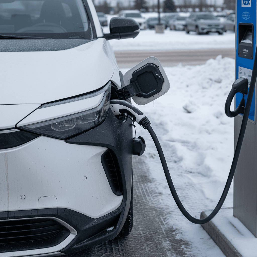 2025 Toyota bZ4X connected to a DC fast charger in a snowy public lot, highlighting winter reliability concerns