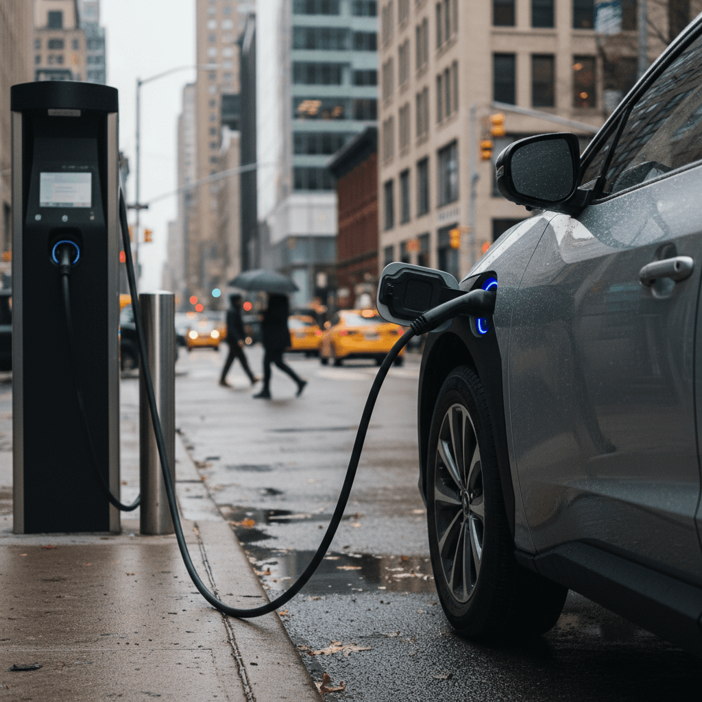2023 Subaru Solterra charging at a public DC fast charger in the city