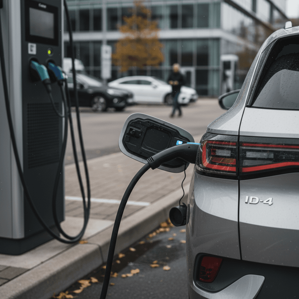 Close-up of a 2023 Volkswagen ID.4 charging port and rear badge while plugged into a public charger