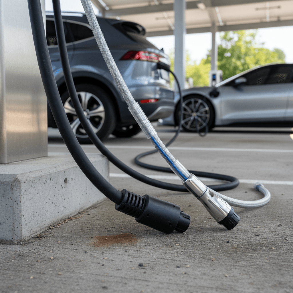 Two DC fast charging cables side by side, a thicker 400V cable and a slimmer 800V liquid-cooled cable connected to electric cars