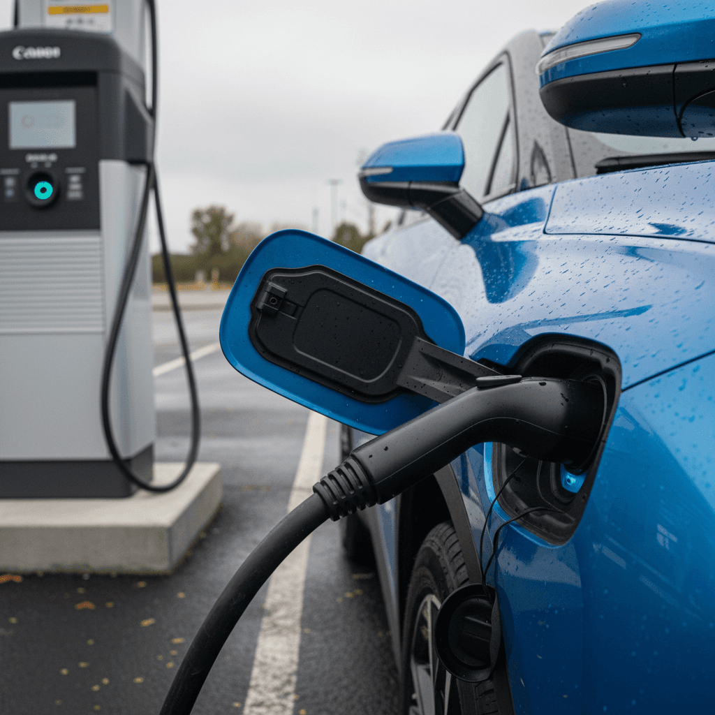 Chevy Blazer EV charging at a public DC fast charging station with driver inspecting the car