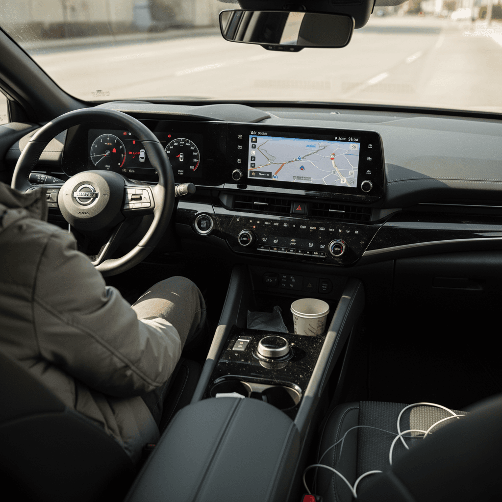 Driver in a 2024 Nissan Ariya interior with warning icons lit on digital instrument cluster