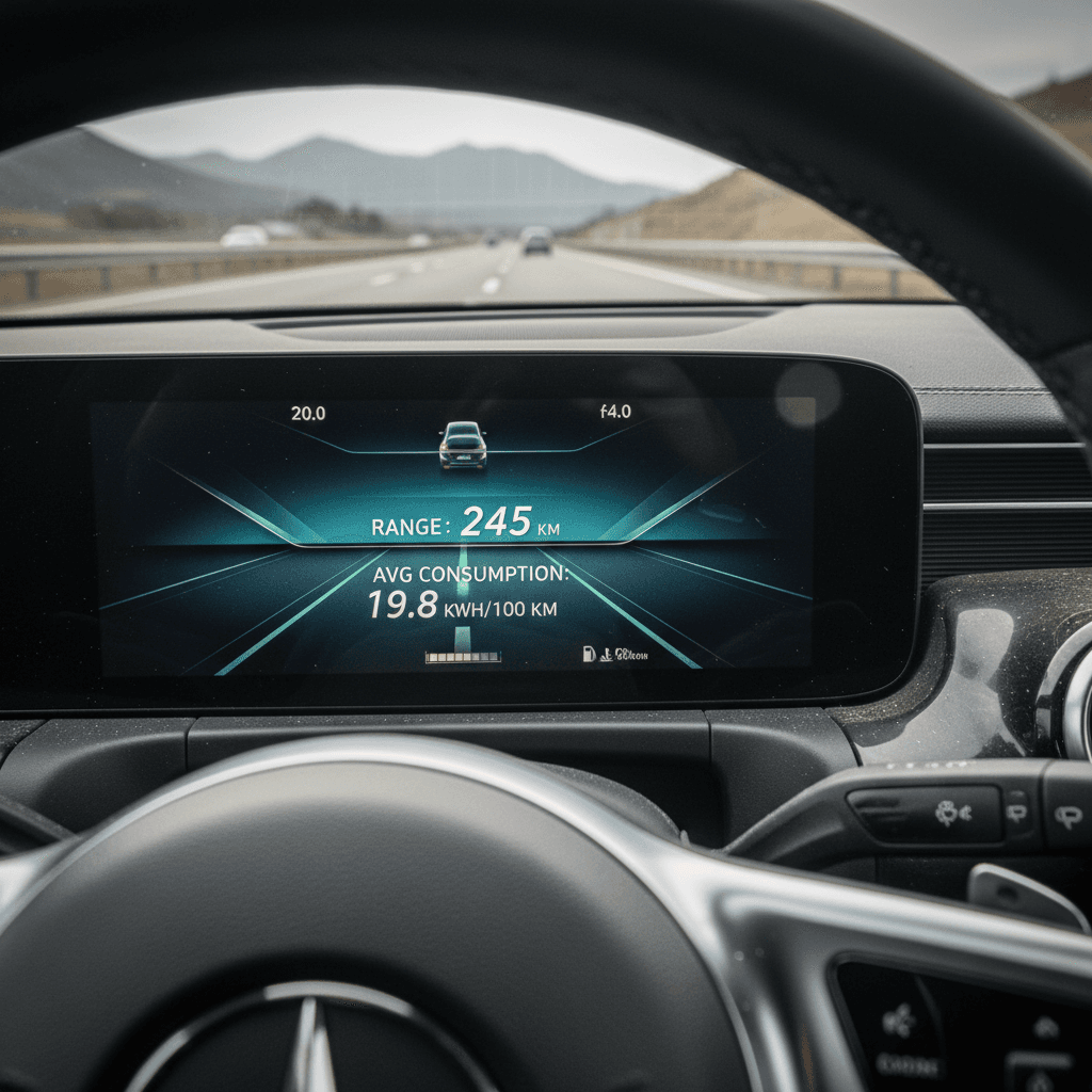 Digital instrument cluster in a 2023 Mercedes EQB showing remaining range during steady highway driving
