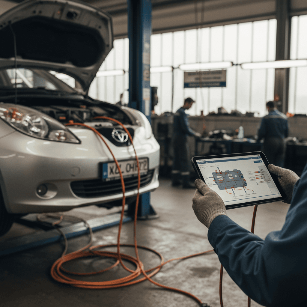 Technician working on an electric car in a service bay at an auto shop