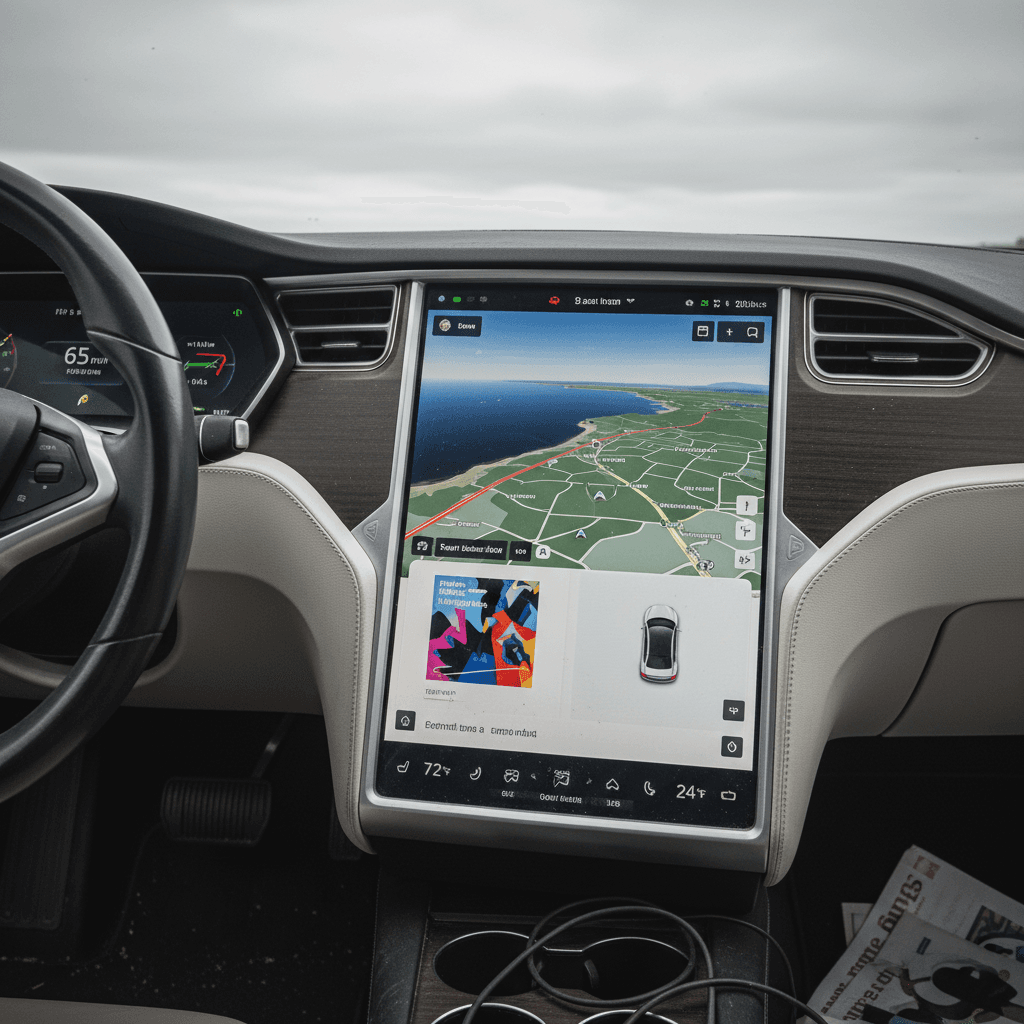 Interior of a 2018 Tesla Model S showing the large center touchscreen and steering wheel