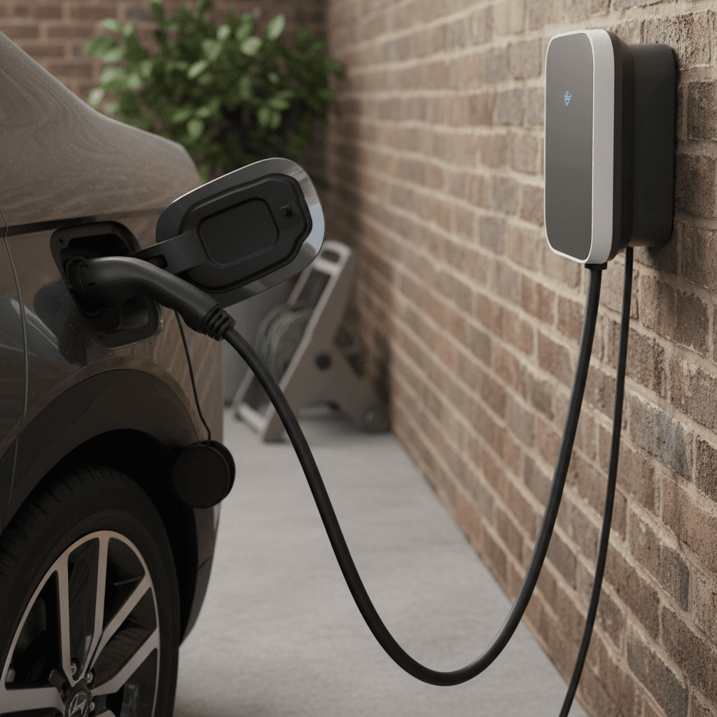 Close-up of a Hyundai IONIQ 5 charging at a home Level 2 charger, showing wheel and charging port area