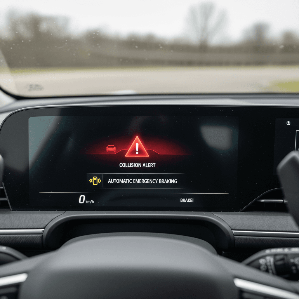Electric car dashboard showing automatic emergency braking warning and sudden deceleration on a highway