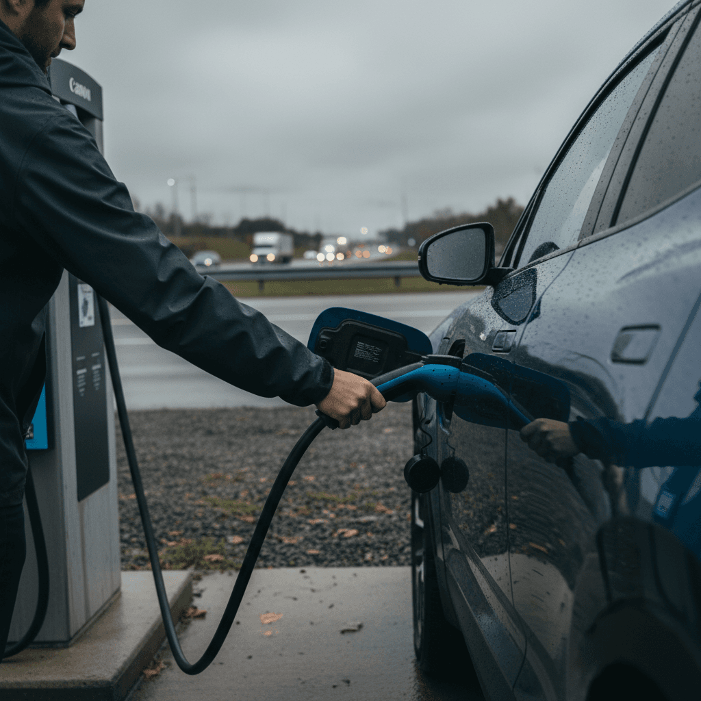 Fisker Ocean being charged at a highway DC fast charger during a road trip stop