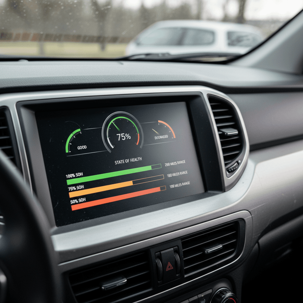 Illustration of an EV battery State of Health gauge showing different percentage levels and the corresponding change in estimated driving range.