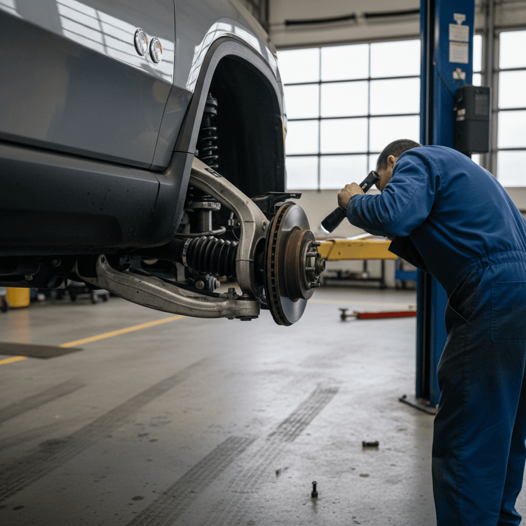 Technician inspecting front half shaft and suspension components of a Rivian R1T on a lift