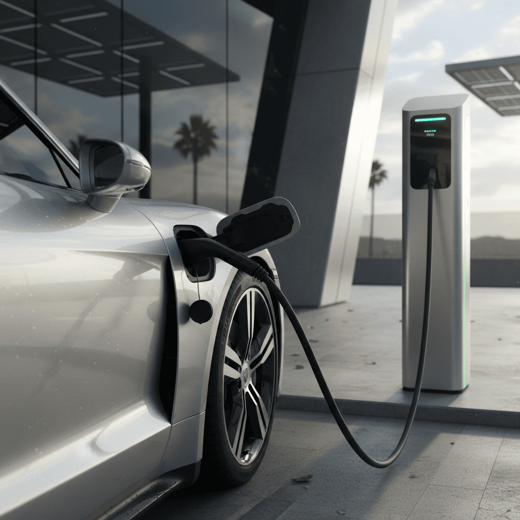 2025 Porsche Taycan plugged into an 800-volt DC fast charger at a modern public station