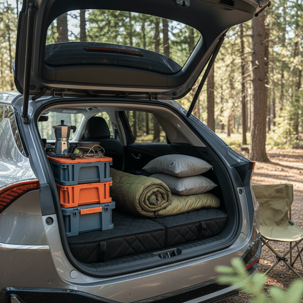 Kia EV6 hatch open at a wooded campsite showing folded rear seats, sleeping platform, and neatly organized camping gear.