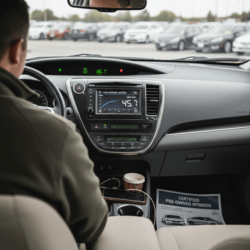 Hybrid car dashboard showing high fuel economy on the trip computer