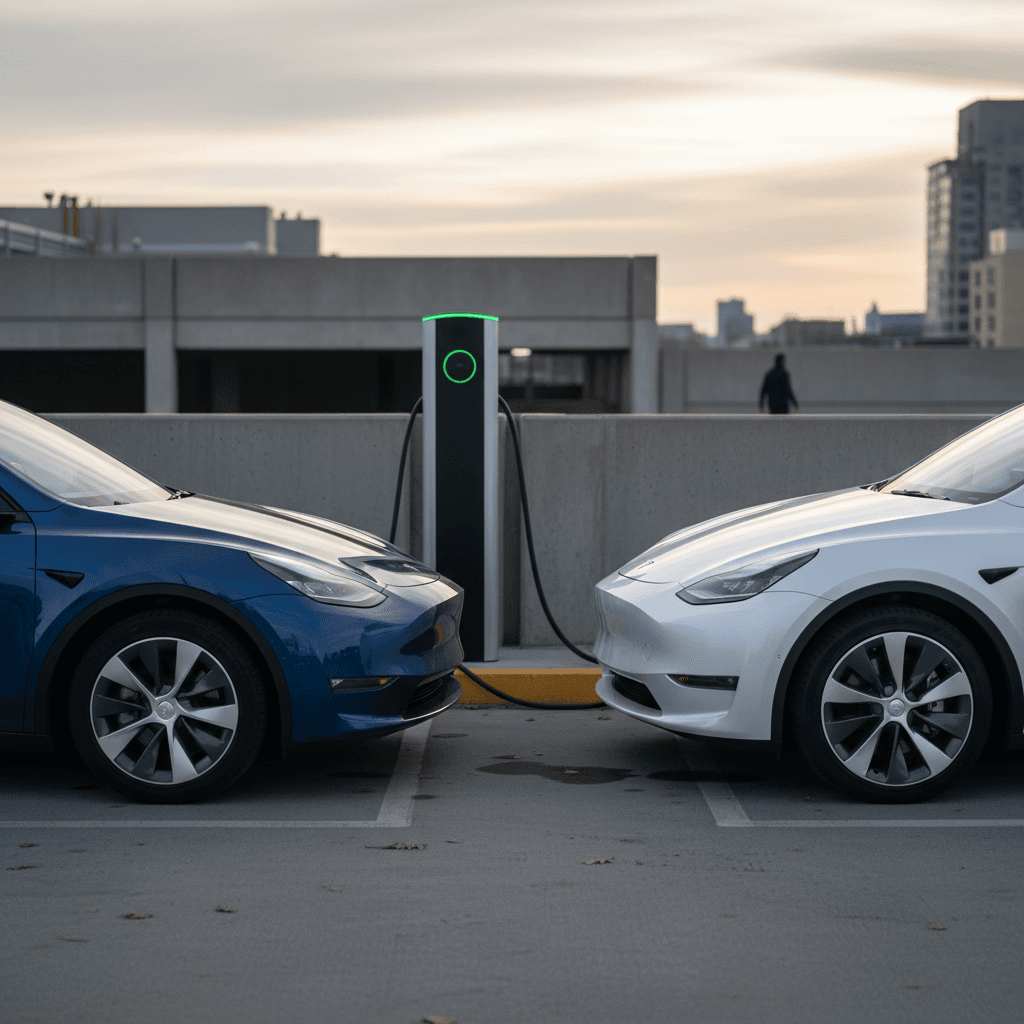Two Tesla Model Y SUVs, one labeled RWD and one AWD, parked side by side at an EV charging station