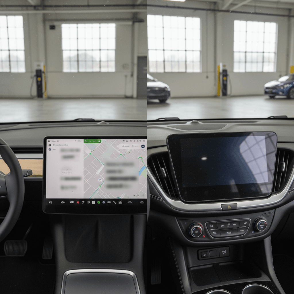 Side by side view of Tesla Model Y Supercharging and Chevy Equinox EV using a public DC fast charger, illustrating different charging networks