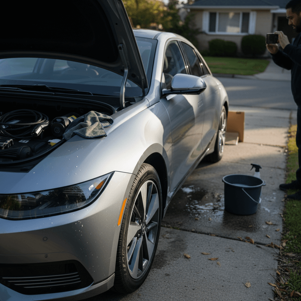 Used Chevy Bolt EV lined up at a dealership lot with price stickers in the windows