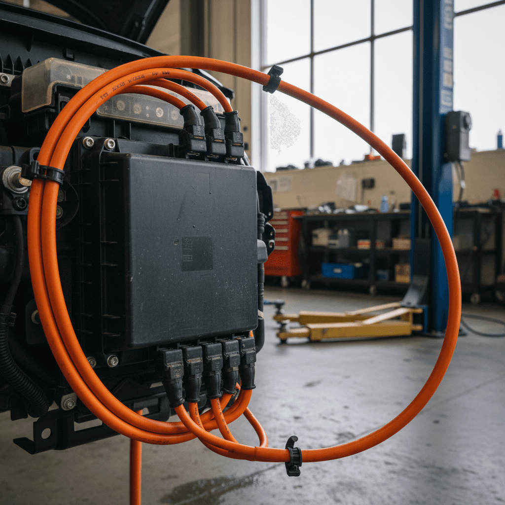 Ford Mustang Mach‑E high‑voltage battery junction box and orange HV cables in a service bay during recall repair