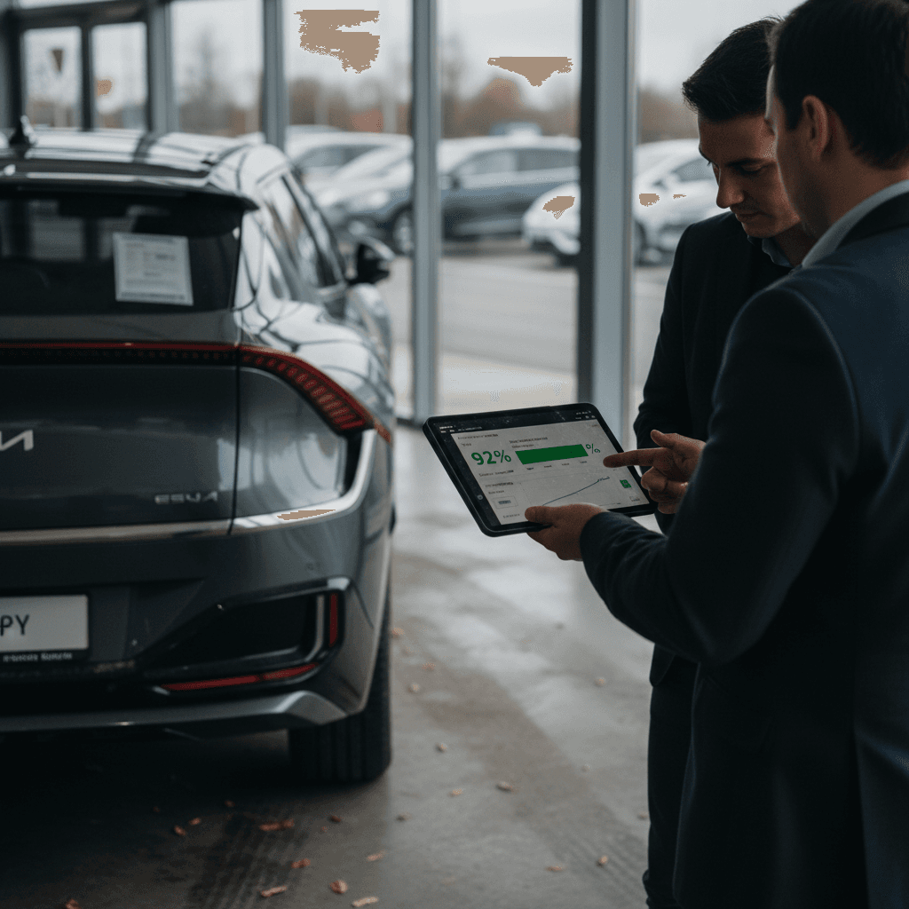 Buyer reviewing a battery health report on a tablet next to a used Kia EV6
