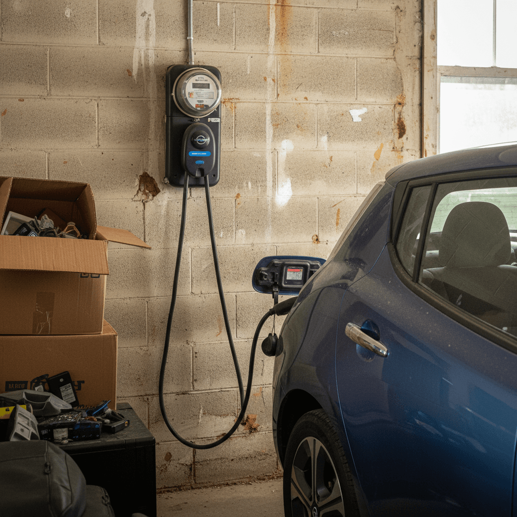 Used electric car in a Chesapeake, VA garage plugged into a Level 2 wall charger next to a Dominion Energy meter