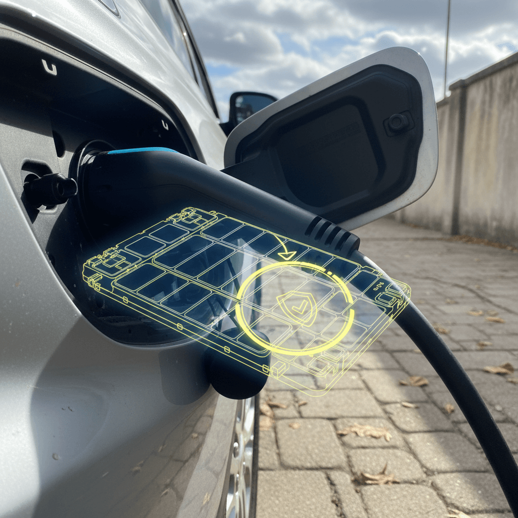 Chevy Bolt EV charging port close-up with battery pack graphic highlighting warranty coverage
