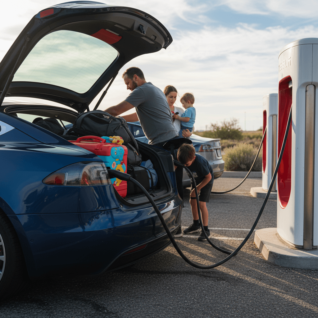 Tesla Model S plugged into a row of Superchargers at a highway rest stop during a family road trip