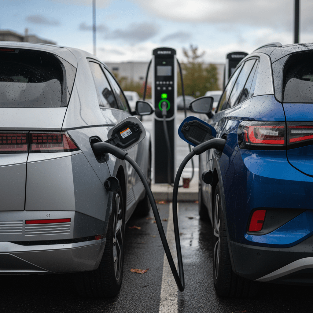 Hyundai IONIQ 5 and VW ID.4 charging at adjacent DC fast chargers, showing different charge rates on screens